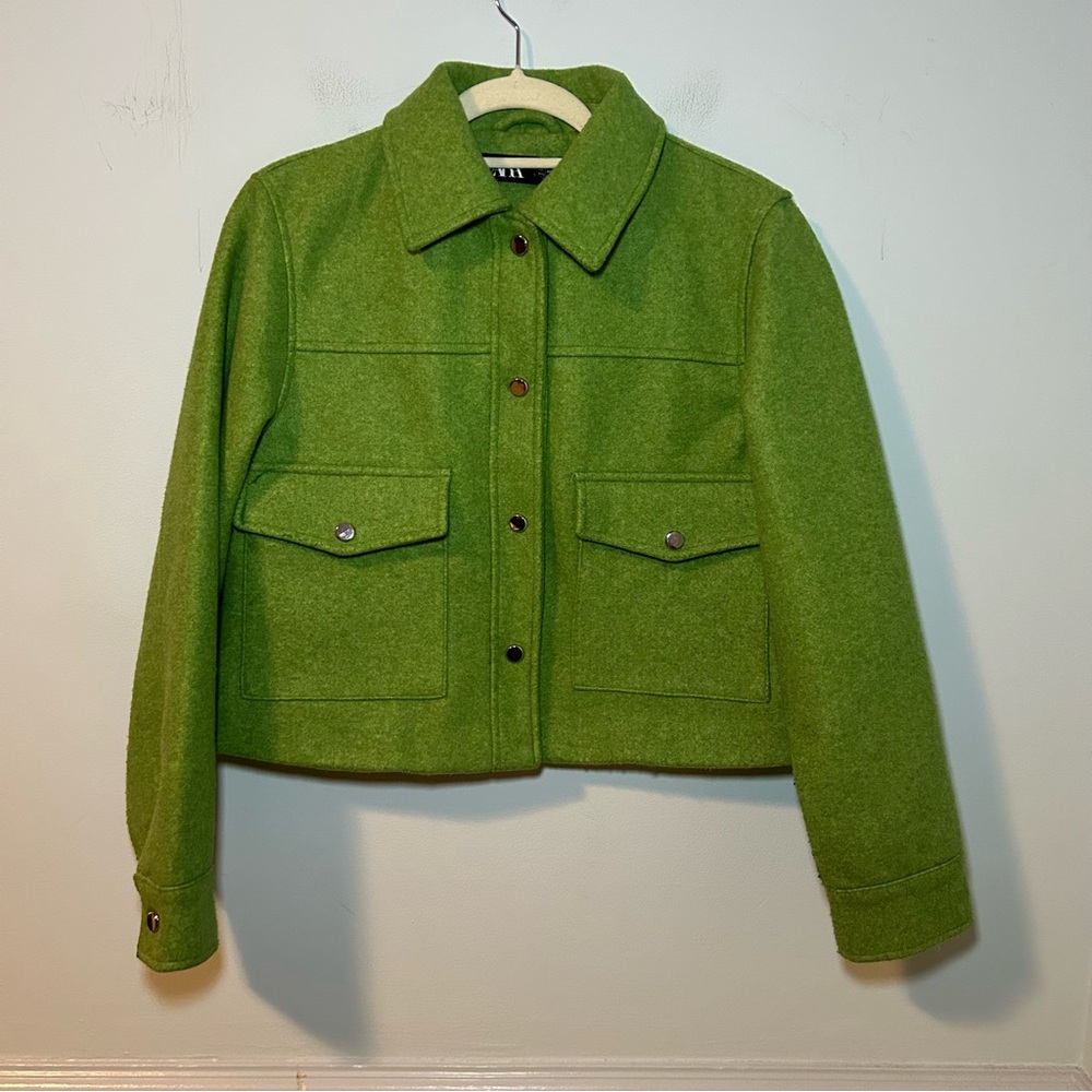 Zara Apple Green Wool Blend Snap Button Crop Jacket Size XS